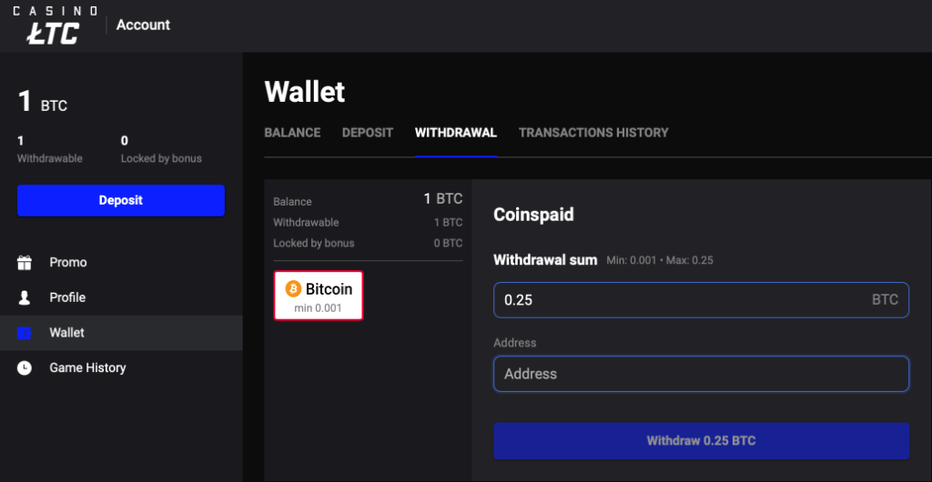 LTC casino withdraw bitcoin