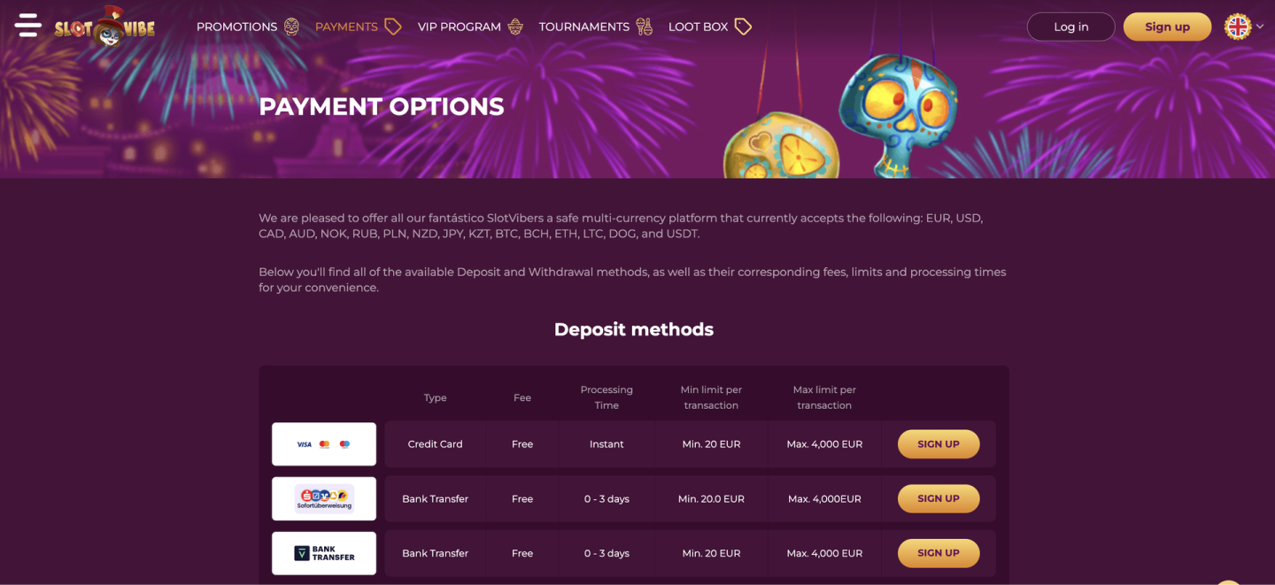 SlotVibe many deposit methods